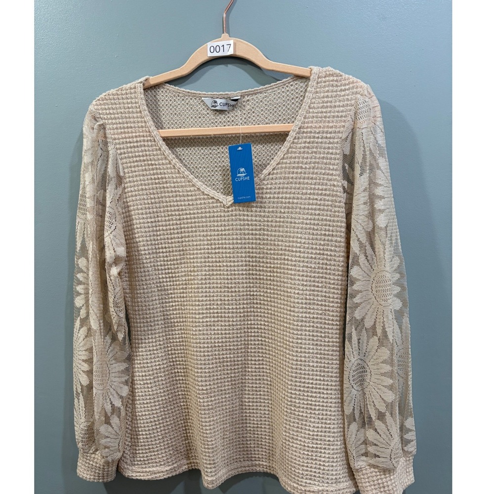 Cupshe Womens Beige Waffle Knit V-Neck Top Floral Lace Long Sleeve Large NEW